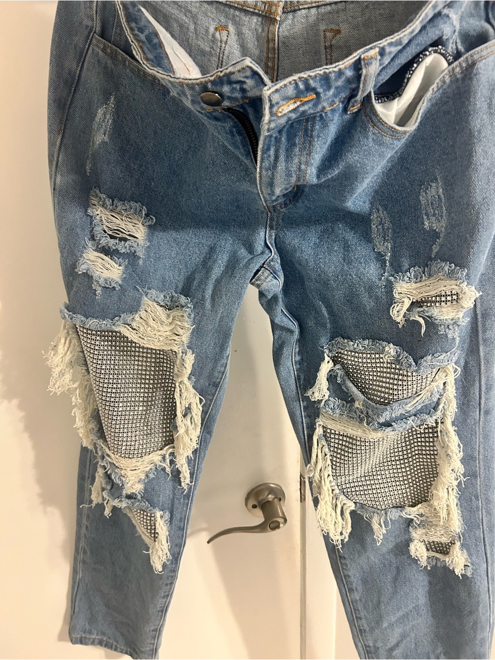 Fashion Nova Light Blue Distressed Skinny Jeans with Mesh Insets